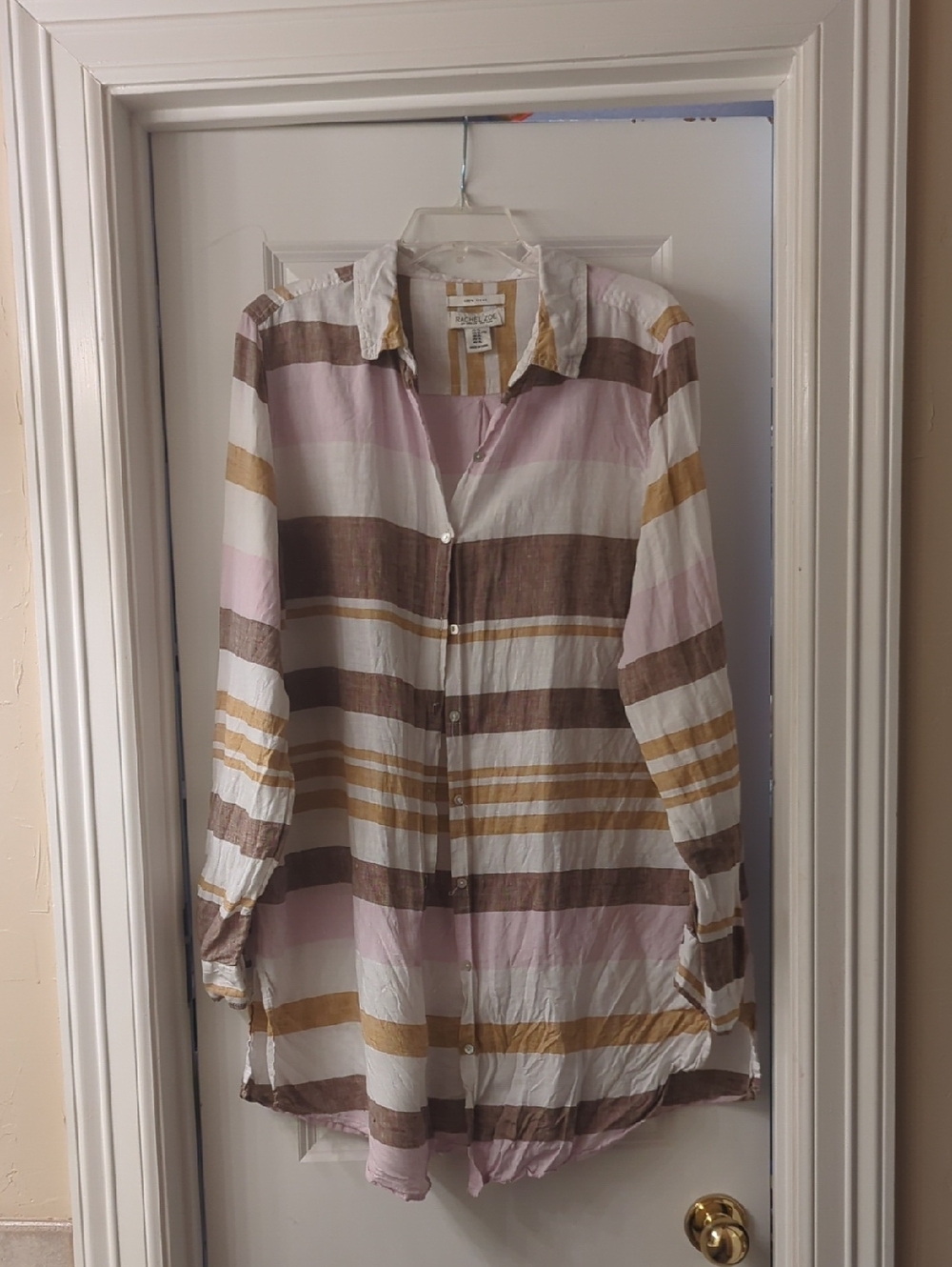 Rachel Zoe Striped Linen Button-Down Shirt in Pink, Brown & Cream